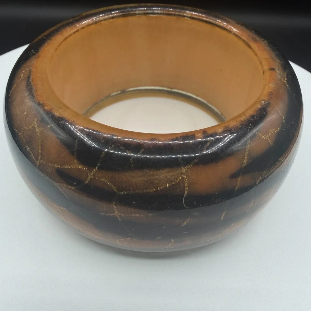 Chunky Brown Black Resin Bangle Bracelet Gold Tone Crackle Mosaic Boho Statement
